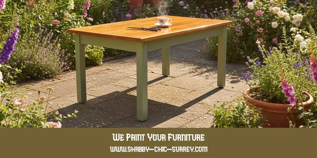 painted-garden-table-main Low pine garden table with sage green painted legs and clear varnished top on a stone patio surrounded by foxgloves and roses